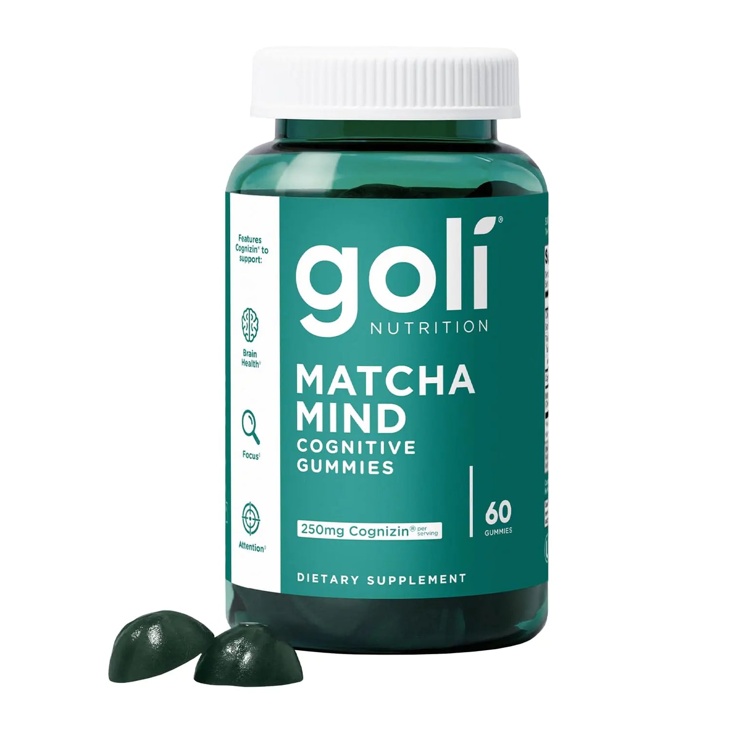 Goli Matcha Mind Gummies - 60 Count - Green Tea Leaves Powder with Cognizin for Focus Attention and Brain Health Vegan Non-GMO Gluten-Free & Gelatin Free.