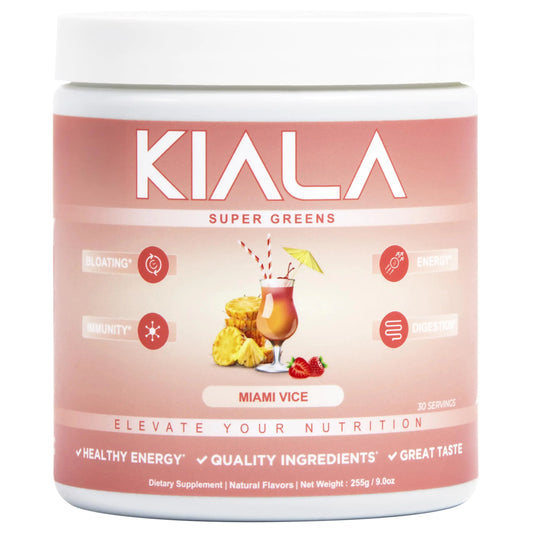 Kiala Nutrition Super Greens Organic Greens Powder with Spirulina & Chlorella for Digestion Gut Health Immunity & Energy Gluten Free Vegan Daily Support for Women Miami Vice Flavor 30 Servings